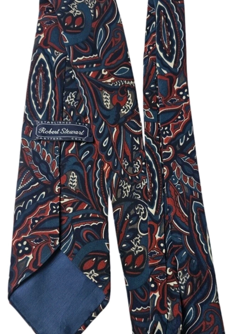 Robert Stewart Men's Silk Tie Paisley Navy Blue Deep Red 3.5 in x 60 in Classic